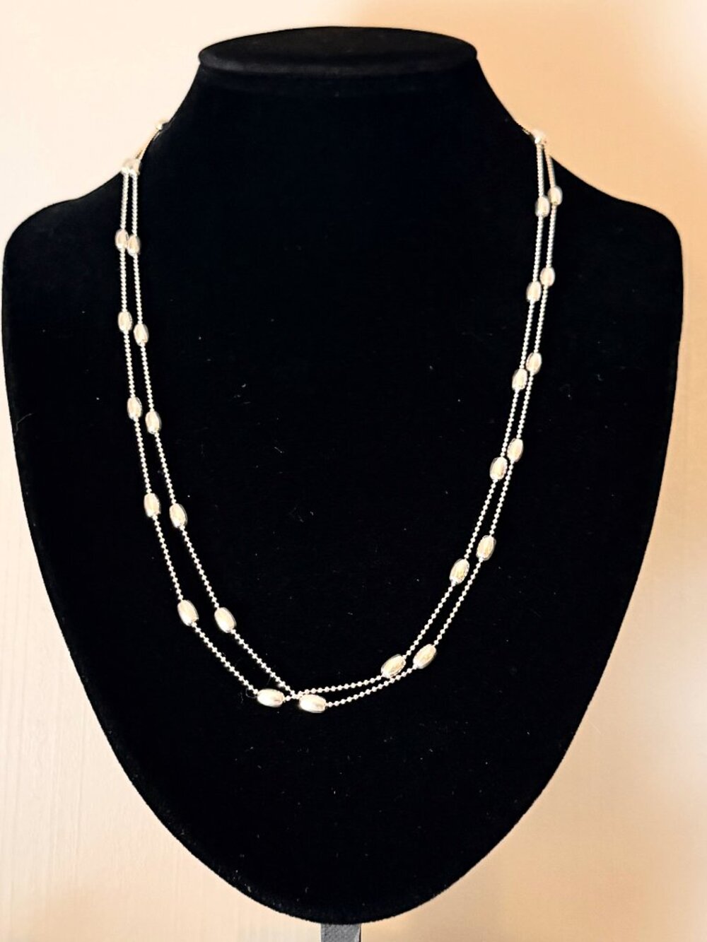 925 Sterling Silver Diamond Cut Bead Station Long Necklace (42 inch)